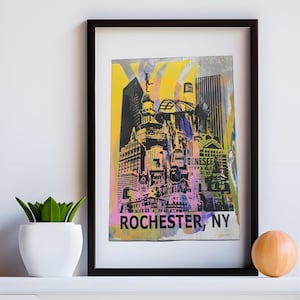 Rochester NY Skyline Monoprint Poster: Mixed Media Art (13x19&quot;) | One-of-a-kind