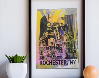Rochester NY Skyline Monoprint Poster: Mixed Media Art (33x48cm) | Unikat