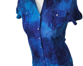 Upcycled Ice Tie-Dyed Button-Down Shirt: Women's Cotton Short Sleeve | Small | One-of-a-Kind
