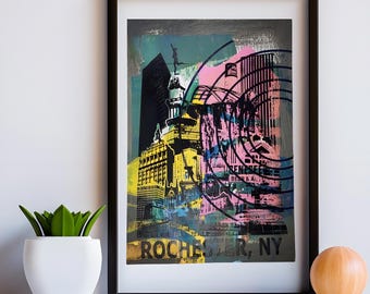 Rochester NY Skyline Poster: 'Dagda' Monoprint, Kräftige Farben (33 x 19 Zoll) | Unikat