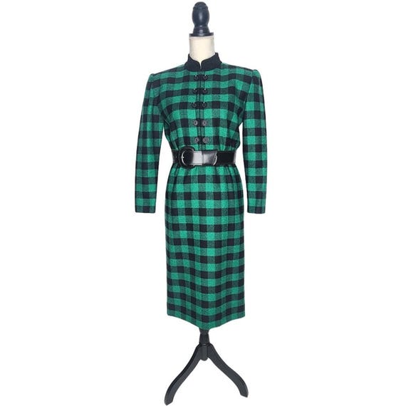green buffalo check dress Givenchy. Vintage, Green & Black Buffalo Check Wool Long-sleeve Dress. 4/6