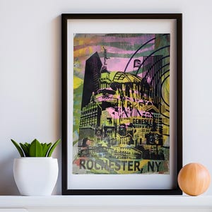 Rochester NY Skyline Monoprint Poster: Mixed Media Art (13 x 19&quot;) | One-of-a-kind