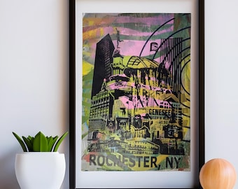 Rochester NY Skyline Monoprint Poster: Mixed Media Art (13 x 19 Zoll) | Unikat