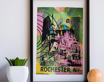 Rochester NY Skyline Monoprint Poster: Mixed Media Art (13 x 19 Zoll) | Unikat