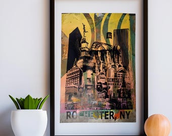 Rochester NY Skyline Poster: Farbenfrohes Monoprint Kunst (13x19 Zoll) | Unikat