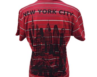 Reworked Ralph Lauren Striped T-Shirt: NYC Skyline Graphic (Size M) | One-of-a-kind