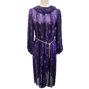 Zandra Rhodes for Jack MulQueen. Vintage, 100% Silk, Purple Long Sleeve Dress. 6
