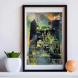 L&#39;affiche monochrome « Boann » représentant l&#39;affiche de la ligne d&#39;horizon de Rochester, dans l&#39;État de New York. 13 x 19 po.