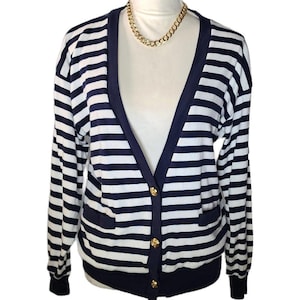 Herman Geist, Vintage, Navy Blue & White Striped Cardigan. Size Medium