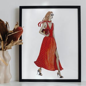 Fashion Illustration Printable Wall Art | Elegant Red Dress Drawing | Digital Download for Home Decor |