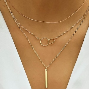 Gold Layered Geometric Necklace | Dainty Multi Layer Bar & Circle Pendant | Minimalist Alloy Chain Necklace Gift for Her
