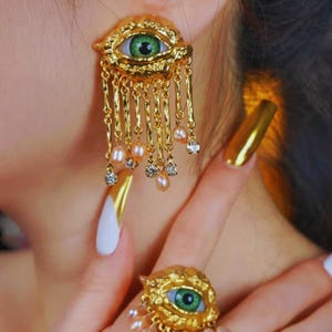 Middeleeuwse oogsieradenset | Retro gouden boze oogring, oorbellen en ketting | Gotische statement-sieraden met parels