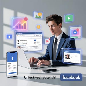 Puede incluir: Una persona está trabajando en una computadora portátil con una página de negocios de Facebook abierta en la pantalla. La persona está mirando la pantalla y escribiendo en el teclado. Hay varios iconos flotando alrededor de la persona, incluyendo un pulgar hacia arriba, un signo de dólar, un botón de reproducción, una flecha de descarga y una imagen de una gráfica. El texto "Desbloquea tu potencial" y el logotipo de Facebook están en la parte inferior de la imagen.