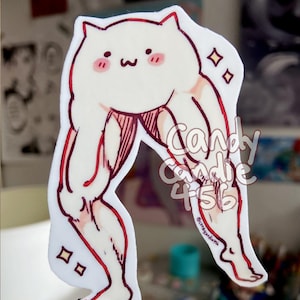 May include: A white sticker featuring a cartoon cat with muscular legs and arms. The cat has a cute face with pink cheeks and a small mouth. Red lines outline the muscles and body. The sticker has the text "Candy Candie 456".