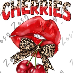Cherry Lips Cilipart- Leopard Bow Kiss PNG -Retro Pop Art Printable - Girly Digital Art