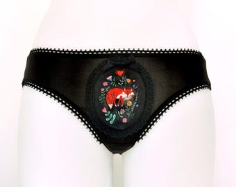 Folk Art Fox Low Rise Panties in Black, Handmade Wearable Art Knickers