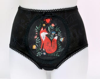 Hand Drawn Folk Art Fox Panties, Wearable Art High Waist Knickers, Original Artwork Lingerie