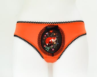 Folk Fox Panties Orange Edition, Handmade Wearable Art Lingerie, Hand Painted Design Knickers