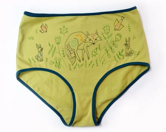 Folk Art Fox Knickers, Hand Drawn High Rise Briefs, OOAK Wearable Art Underwear, Size Large, Ready to Ship