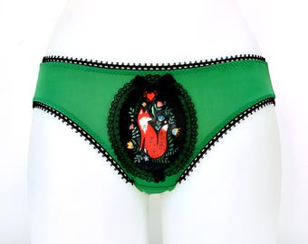 Folk Fox Panties Green Edition, Handmade Wearable Art Lingerie, Hand Painted Design Knickers