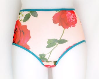 High Rise Rose Print Mesh Panties. Handmade See through Retro Style Underwear.