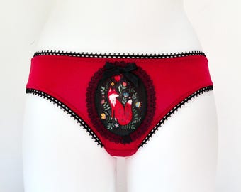 Folk Fox Panties red Edition, Handmade Wearable Art Lingerie, Hand Painted Design Knickers