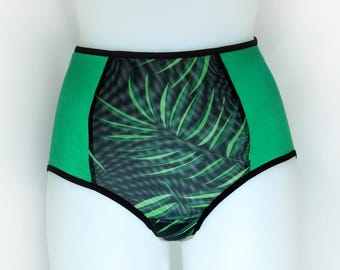 High Rise Leaf Print Mesh Panties in Green. Handmade Retro Style Underwear.