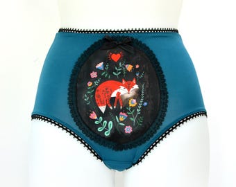 Folk Fox Panties Teal Blue Edition, Handmade Wearable Art Lingerie, Hand Painted Design Knickers, High Waisted Briefs