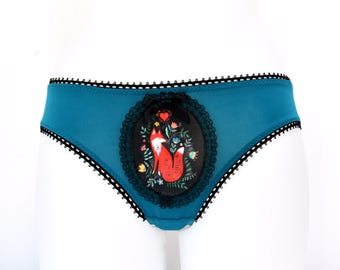 Folk Fox Panties Teal Blue Edition, Handmade Wearable Art Lingerie, Hand Painted Design Knickers