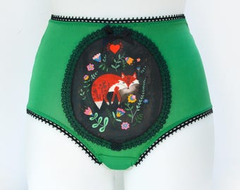 Folk Fox Panties Green Edition, Handmade Wearable Art Lingerie, Hand Painted Design Knickers, High Waisted Briefs
