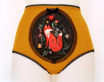 Folk Fox Panties Mustard Yellow Edition, Handmade Wearable Art Lingerie, Hand Painted Design Knickers, High Waisted Briefs