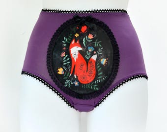 Folk Fox Panties Purple Edition, Handmade Wearable Art Lingerie, Hand Painted Design Knickers, High Waisted Briefs