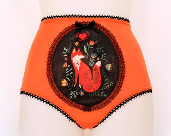 Folk Fox Panties Orange Edition, Handmade Wearable Art Lingerie, Hand Painted Design Knickers, High Waisted Briefs