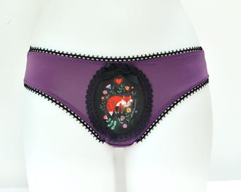Folk Fox Panties Purple Edition, Handmade Wearable Art Lingerie, Hand Painted Design Knickers
