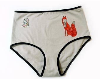 Folk Art Fox Knickers, Hand Drawn High Rise Briefs, OOAK Wearable Art Underwear, Size Medium, Ready to Ship