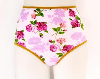 Pink Floral High Rise Panties. Handmade Retro Style Underwear.