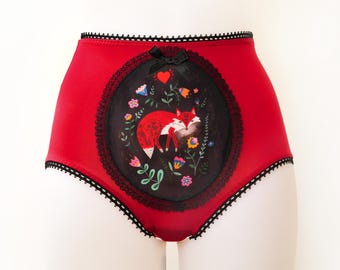 Folk Fox Panties Red Edition, Handmade Wearable Art Lingerie, Hand Painted Design Knickers, High Waisted Briefs