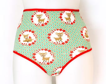 Mint green High Rise Panties with Cartoon Deer Print. Handmade Retro Style Underwear.