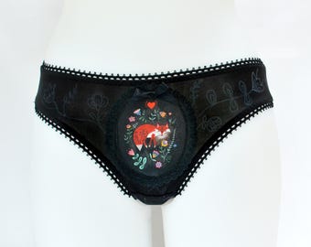 Hand Drawn Folk Art Fox Panties, Wearable Art Low Rise Knickers, Original Artwork Lingerie