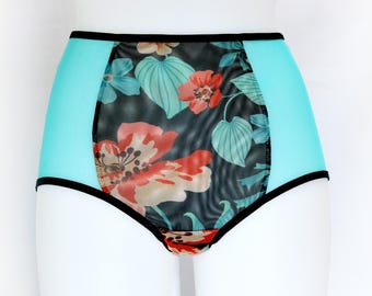 High Rise Floral Mesh Panties in Turquoise. Handmade See through Retro Style Underwear.