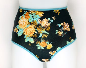 Black High Rise Panties with an Orange Floral Print. Handmade Retro Style Underwear.