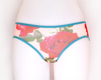 Rose Print Mesh Panties. Handmade See through Retro Style Underwear.