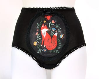 Folk Art Fox High Waist Panties in Black, Handmade Wearable Art Knickers