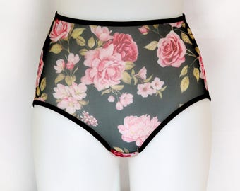 Black High Rise Floral Mesh Panties. Handmade See through Retro Style Underwear.