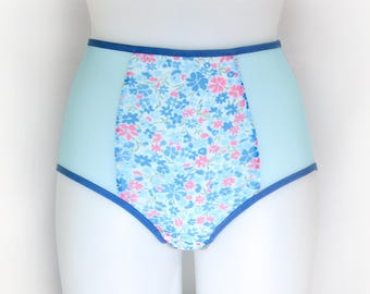 High Rise Floral Mesh Panties in Blue. Handmade Retro Style Underwear.