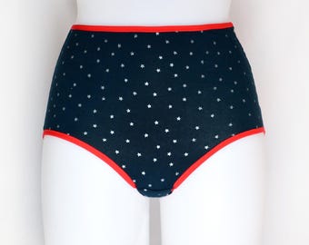 Navy Blue High Rise Panties with a Silver Star Print. Handmade Retro Style Underwear.