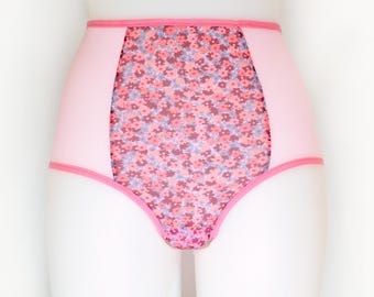 High Rise Floral Mesh Panties in Pink. Handmade Retro Style Underwear.