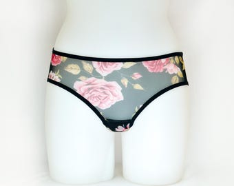 Black Low Rise Floral Mesh Panties. Handmade Rose Print See through Underwear.
