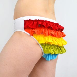Frilly Rainbow Panties with Multicolored Ruffles on White Lingerie.