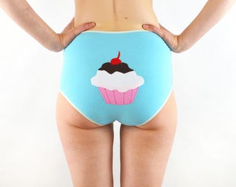 Slip a vita alta con motivo a cupcake / Lingerie blu unica